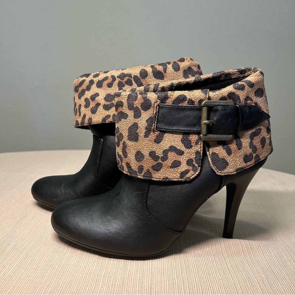 NWT New Directions Leopard Print High Heel Booties Women’s 9 Black Stiletto Shoe
